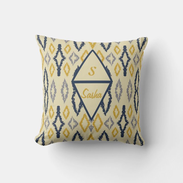Moroccan Ikat Blue Yellow Personalised Cushion (Front)