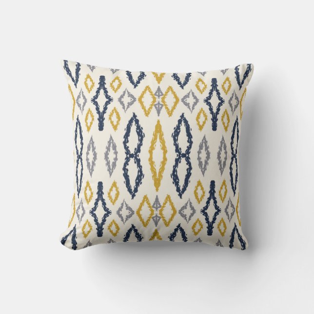 Moroccan Ikat Blue Yellow White Pattern Cushion (Front)