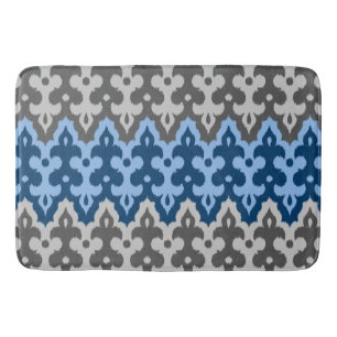 Moroccan Ikat Damask, Blue and Grey / Grey Bath Mat