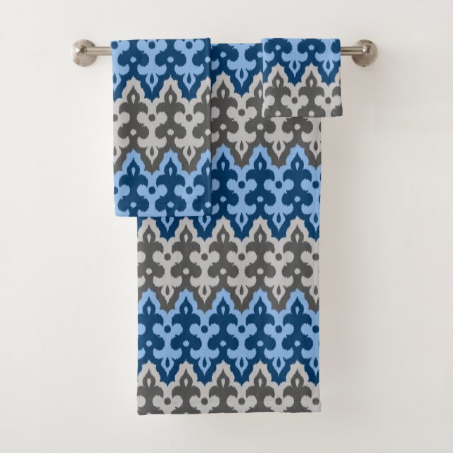 Moroccan Ikat Damask, Blue and Grey / Grey Bath Towel Set (Insitu)