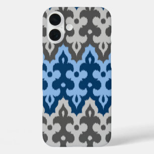 Moroccan Ikat Damask, Blue and Grey / Grey iPhone 16 Plus Case