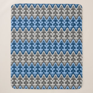 Moroccan Ikat Damask, Blue and Grey / Grey Sherpa Blanket