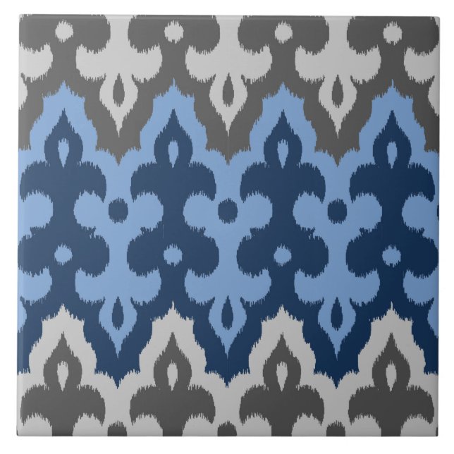 Moroccan Ikat Damask, Blue and Grey / Grey Tile (Front)