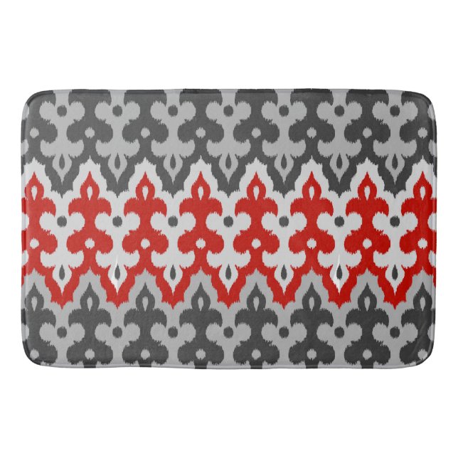 Moroccan Ikat Damask, Graphite Grey and Red Bath Mat (Front)