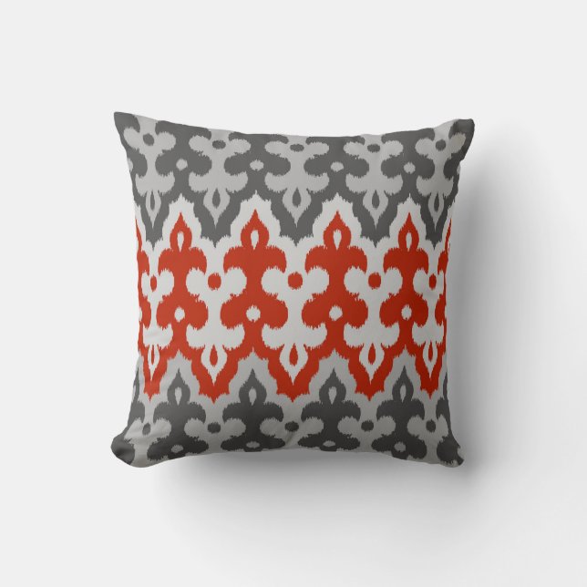 Moroccan Ikat Damask, Graphite Grey and Red Cushion (Front)