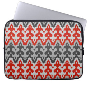 Moroccan Ikat Damask, Graphite Grey and Red Laptop Sleeve