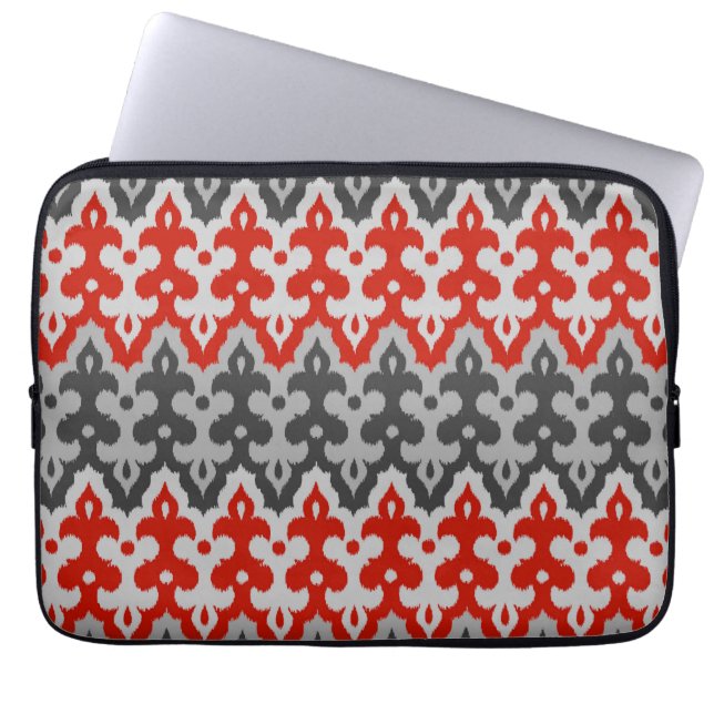Moroccan Ikat Damask, Graphite Grey and Red Laptop Sleeve (Front)