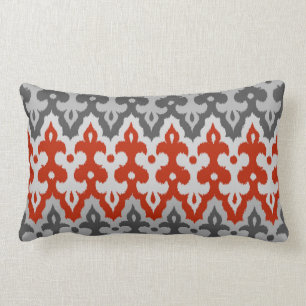 Moroccan Ikat Damask, Graphite Grey and Red Lumbar Cushion