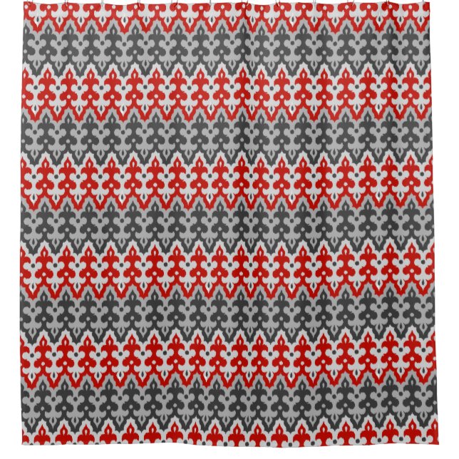 Moroccan Ikat Damask, Graphite Grey and Red Shower Curtain (Front)