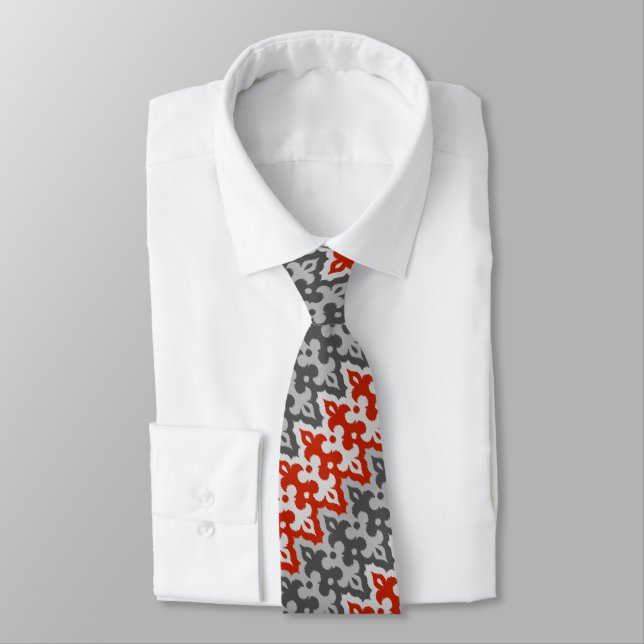 Moroccan Ikat Damask, Graphite Grey and Red Tie (Tied)