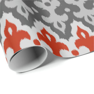 Moroccan Ikat Damask, Graphite Grey and Red Wrapping Paper
