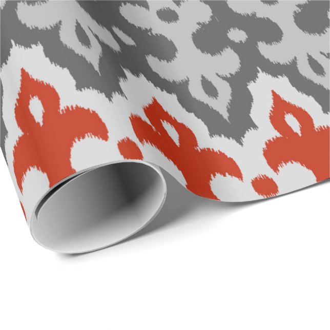 Moroccan Ikat Damask, Graphite Grey and Red Wrapping Paper (Roll Corner)