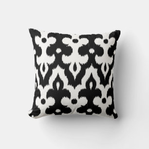 Moroccan Ikat Damask Pattern, Black and White Cushion