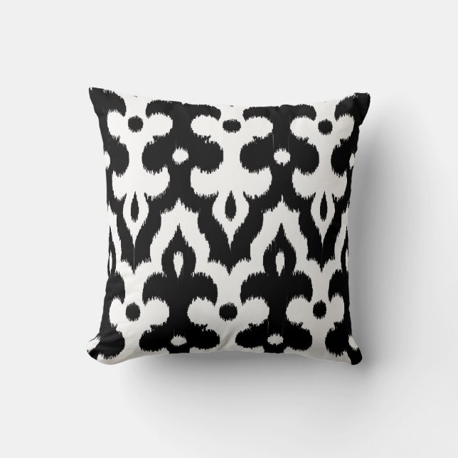 Moroccan Ikat Damask Pattern, Black and White Cushion (Front)