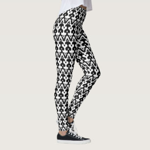 Moroccan Ikat Damask Pattern, Black and White Leggings