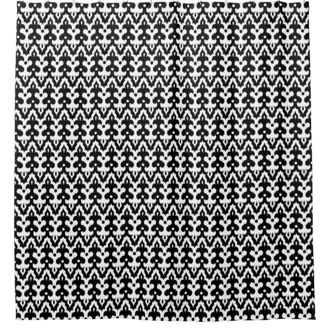 Moroccan Ikat Damask Pattern, Black and White Shower Curtain (Front)
