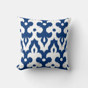 Moroccan Ikat Damask Pattern, Cobalt Blue & White Cushion