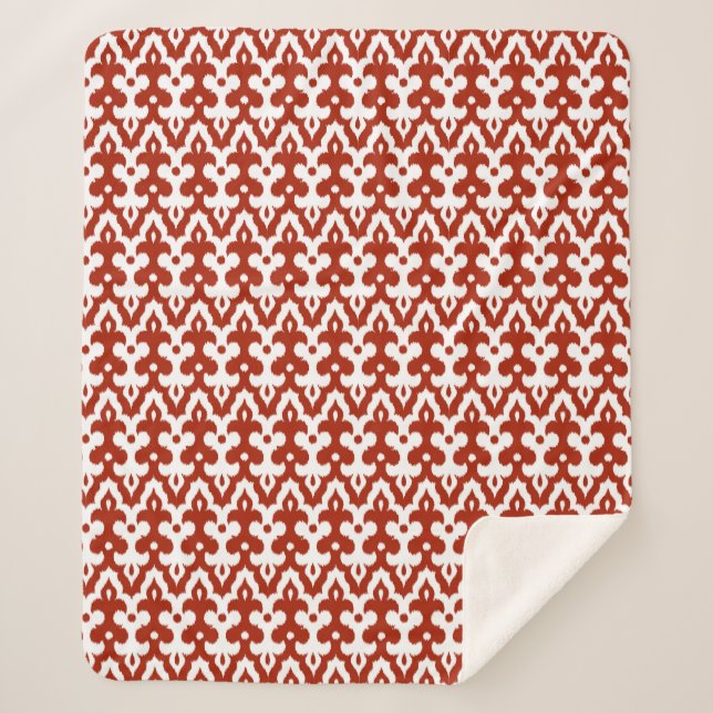 Moroccan Ikat Damask Pattern, Deep Red and White Sherpa Blanket (Front)