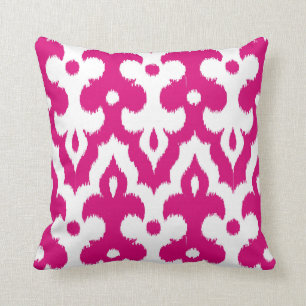 Moroccan Ikat Damask Pattern, Fuchsia Pink & White Cushion