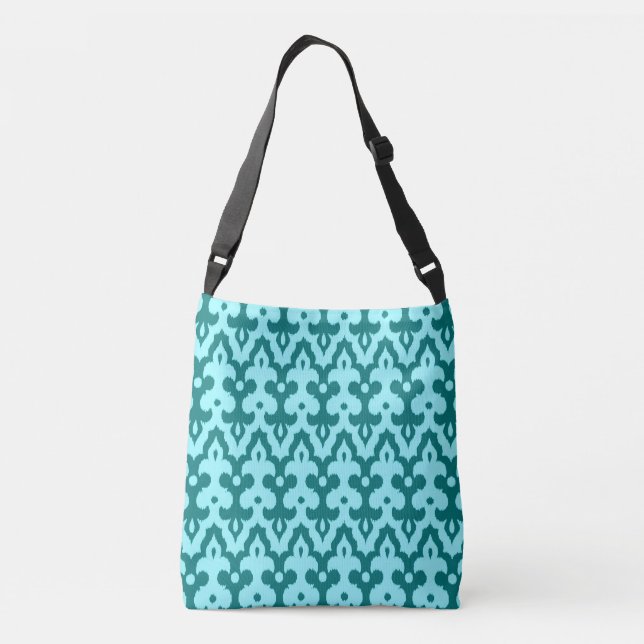 Moroccan Ikat Damask Pattern, Turquoise and Aqua Crossbody Bag (Back)