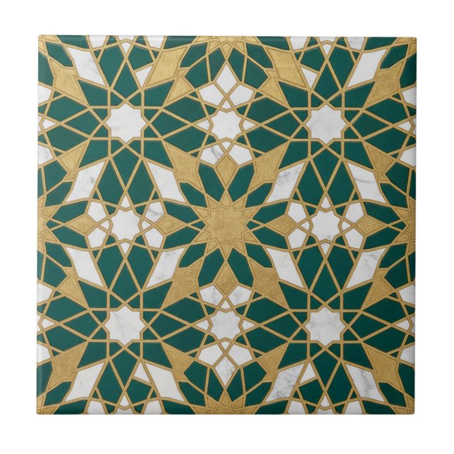 Moroccan Islamic Teal Gold Geometric Seamless Patt Tile (Front)