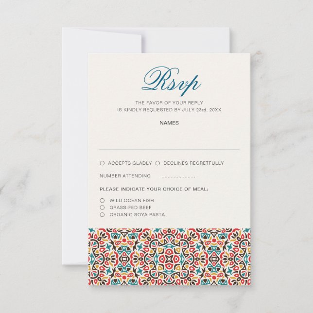 Moroccan Lattice Geometric Mandala Wedding RSVP Card (Front)
