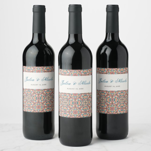  Moroccan Lattice Geometric Mandala Wedding Wine Label (Bottles)