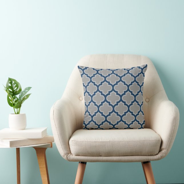 Moroccan Lattice Grey and Navy Blue Pattern Cushion (Chair)