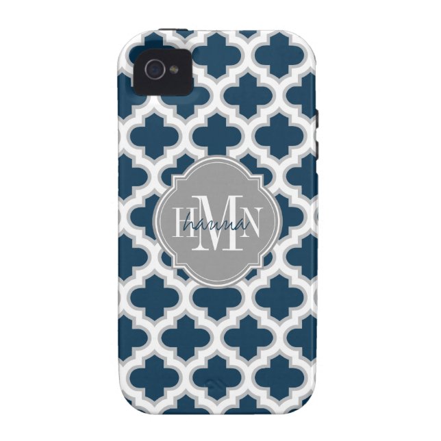 Moroccan Lattice Navy Blue Grey White Personalised Case-Mate iPhone Case (Back)