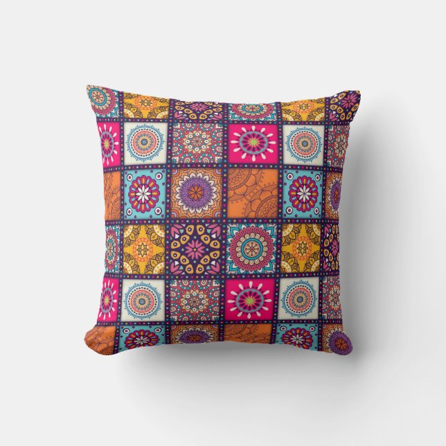 Moroccan mandala colourful ethnic pattern cushion (Front)