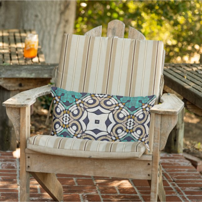 Moroccan Mediterranean Boho Tile Art Pattern Lumbar Cushion (Chair)
