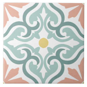 Moroccan Mediterranean Ornamental Teal Peach Tile