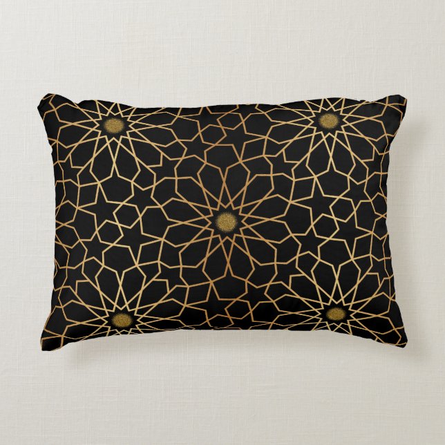 Moroccan Modern Gold Black Mediterranean Pattern Decorative Cushion (Front)