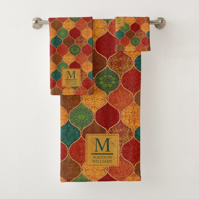 Moroccan Mosaic Geometric Seamless Aztec Pattern Bath Towel Set (Insitu)