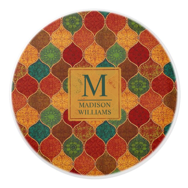 Moroccan Mosaic Geometric Seamless Aztec Pattern Ceramic Knob (Front)