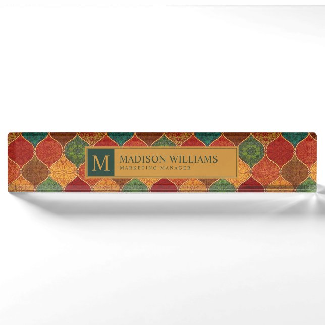 Moroccan Mosaic Geometric Seamless Aztec Pattern Nameplate (Front)
