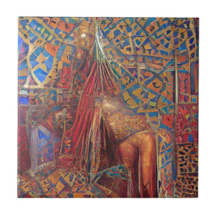 Moroccan mosaic red gold blue green geometric art tile