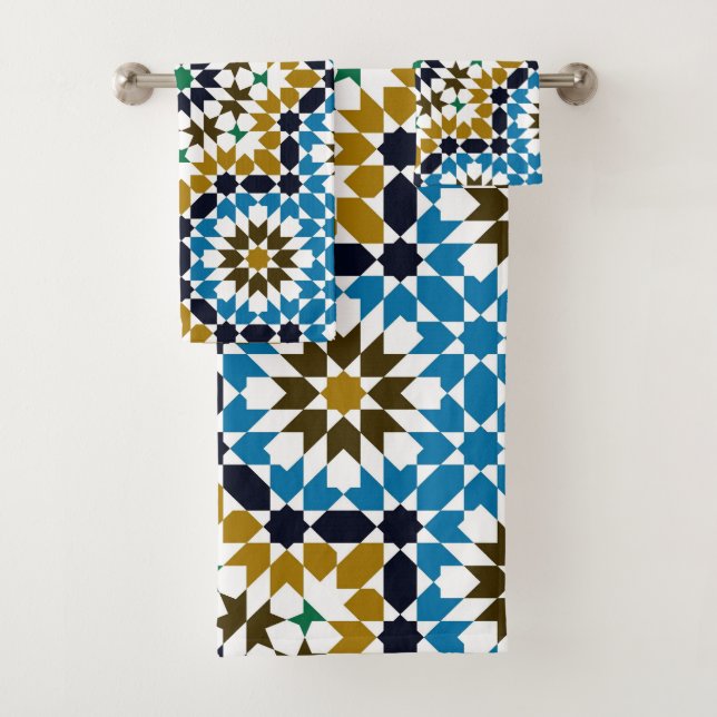 Moroccan Mosaic Traditional Geometric Boho Pattern Bath Towel Set (Insitu)