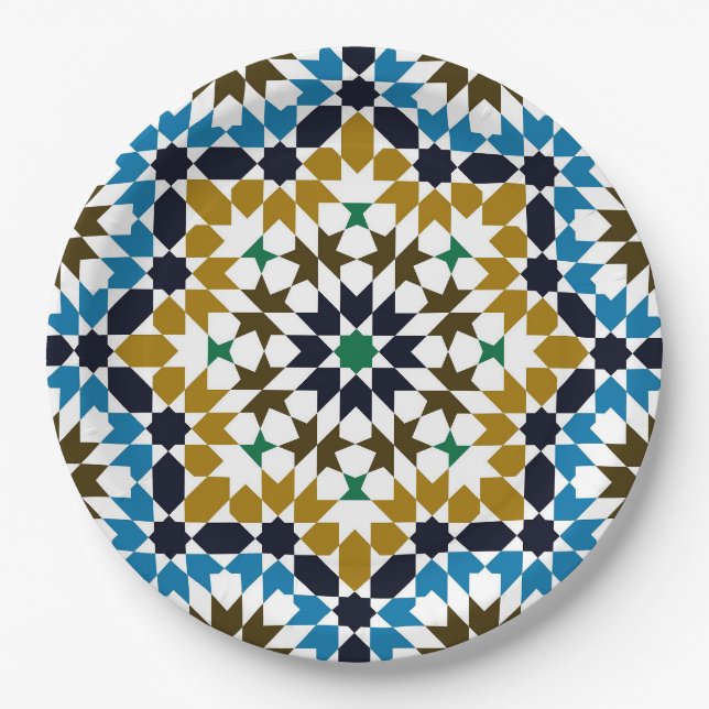 Moroccan Mosaic Traditional Geometric Boho Pattern Paper Plate (Front)