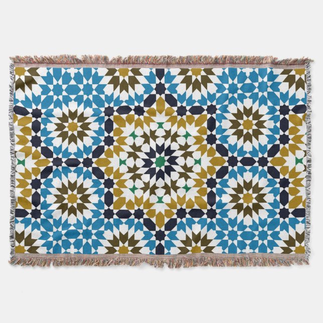 Moroccan Mosaic Traditional Geometric Boho Pattern Throw Blanket (Front)