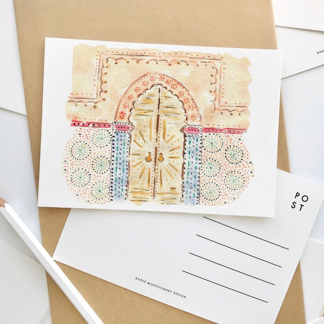 Moroccan Mosque Doors Watercolor Travel Postcard (Moroccan Mosque Doors Watercolor Travel Postcard)