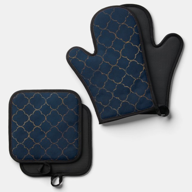 Moroccan Navy and Gold Oven Mitt & Pot Holder Set (Front/Back)