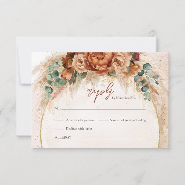 Moroccan Pampas and terracotta floral beach RSVP Card (Front)