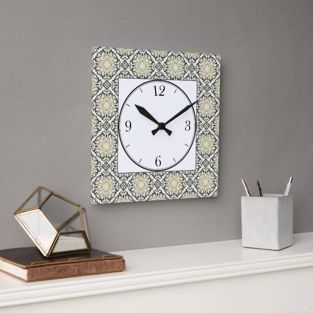 Moroccan Pattern in Gold, Black, and Beige Square Wall Clock (Office)