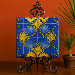 Moroccan Pattern Quatrefoils Blue and Gold Tile