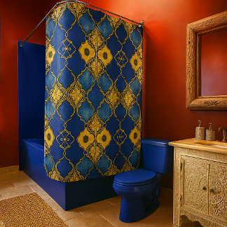 Moroccan Pattern Quatrefoils Cobalt Blue Gold Shower Curtain