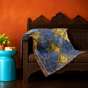 Moroccan Pattern Quatrefoils Cobalt Blue Gold Throw Blanket
