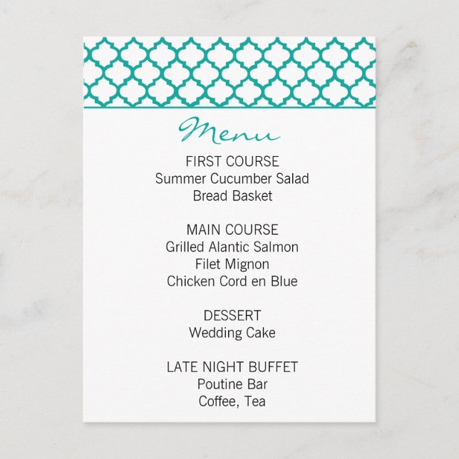 Moroccan Pattern Teal Wedding Menu Postcard (Front)