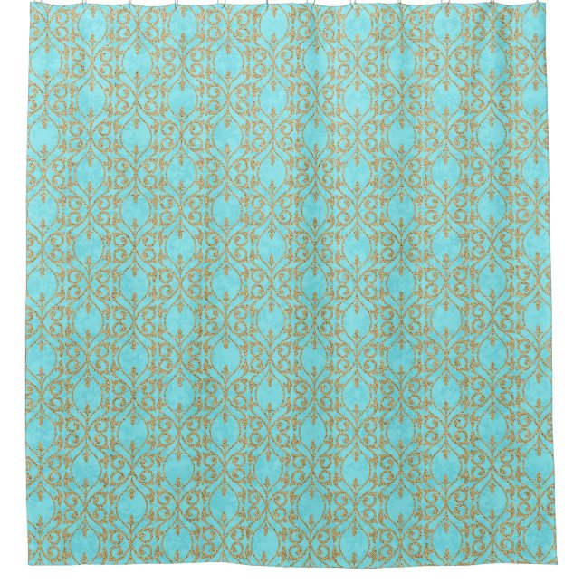 Moroccan Print flourish turquoise aqua gold Shower Curtain (Front)