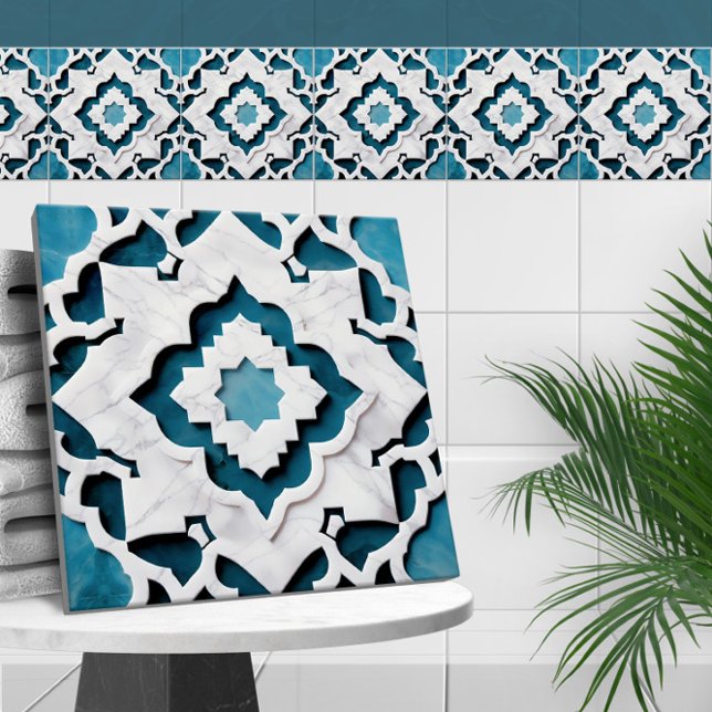 Moroccan Quatrefoil Blue and White Marble Tile (Creator Uploaded)
